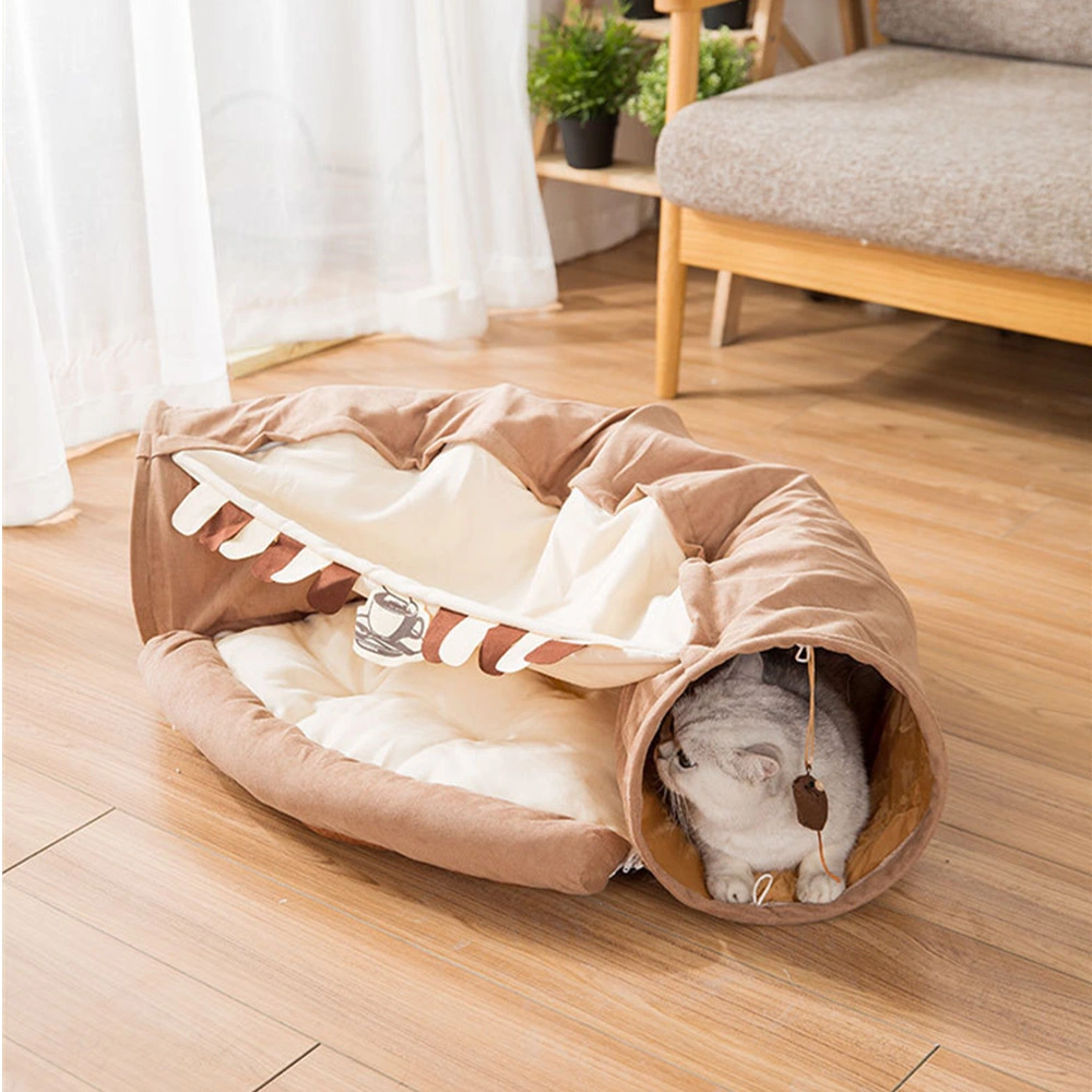 2-in-1 Cat Tunnel Bed, Foldable Soft Cat Tunnel Tubes Toys, Pet Play Bed with Removable Washable Mat