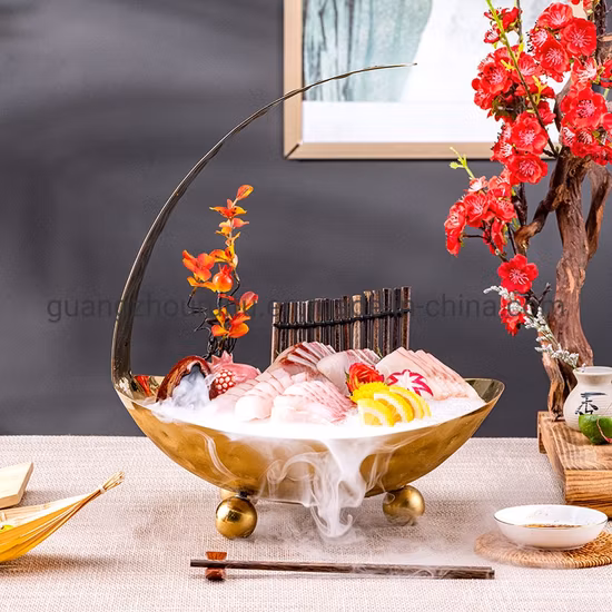 Restaurante Acero inoxidable Metal Nórdico Boda Catering Oro A granel Inclinado Martillado Forma de humor Moderno Comercial Sushi Mesa Estante Buffet Ensalada de frutas Cuencos